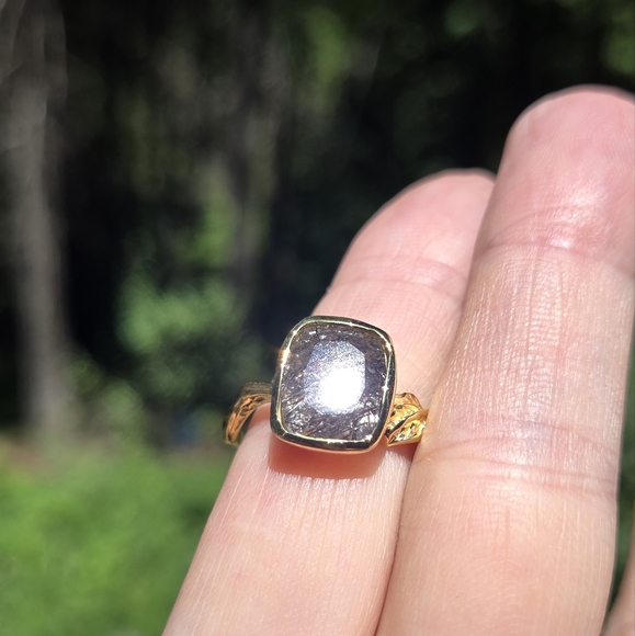 Rutilated Quartz 7k cushion cut sterling & gold ring sz8.75 - Picture 3 of 7